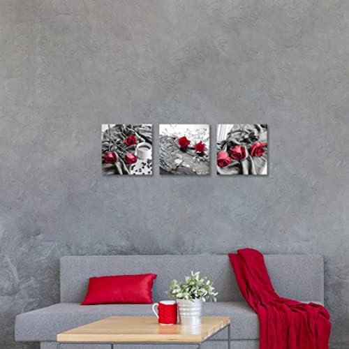 NAN Wind Canvas Print 3 Pcs Black and White Red Rose Canvas Art Painting Abstract Wall Art Decorations Flower Picture on Canvas for Home Decor Stretched and Framed (14X14inchX3pcs, B&w Rose)