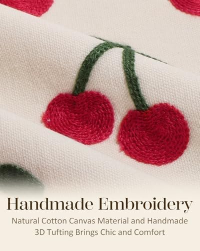 Embroidered Throw Pillow Cover 18x18 Inch - Spring Summer Boho Decorative Pillow Cover with Zipper for Living Room Couch Sofa Bed Aesthetic Design Little Cherry Cushion Pillowcase (Pack of 2)