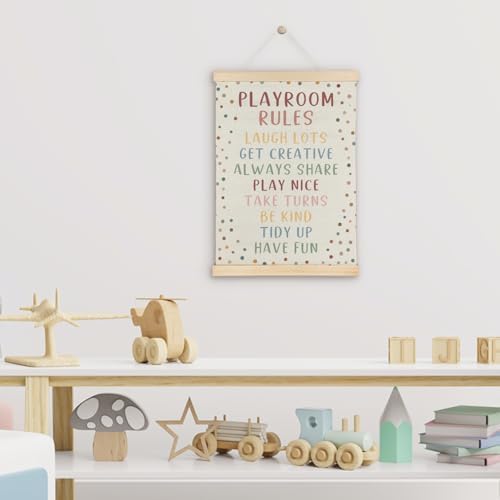 SereneHanctuary Boho Playroom Rules Wall Art, Kids Playroom Wall Decor, Colorful Dot Kids Poster Hanger Frame for Toddler Girls Boys Play Room Nursery Bedroom Home Decor, 12x16 Inch