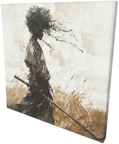 16"x16" African Samurai Canvas – Enigmatic Abstract Warrior Wall Art | Mystic African warrior dons kabuto beneath swirling abstracts. Afrofuturism meets bushido. Hook included, ready to hang.
