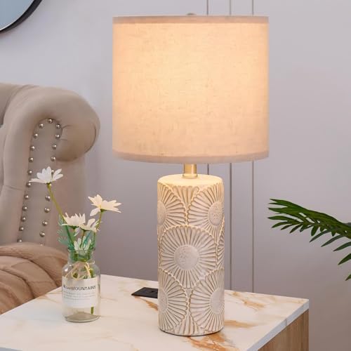 20.75" Ceramic White Lamps Set of 2, Boho Beige Table Lamp for Living Room