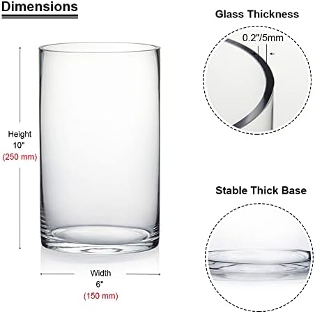 Enova Floral Clear Glass Flower Vase, 6W x 10H Inches Round Flower Vase, Pillar Candle Floating Candle Holders, Tall Cylinder Glass Vase for Flowers, Glass Vase for Home Decor, Wedding (Pack 4)