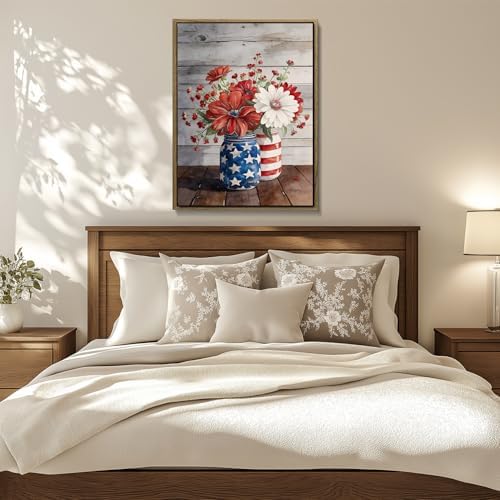 American Flag Framed Canvas Wall Art, 4th of July Patriotic Canvas Prints | Flowers and Stripes Poster Print, Independence Day Wall Decor for Bedroom Living Room Dining Room Office 11×14in