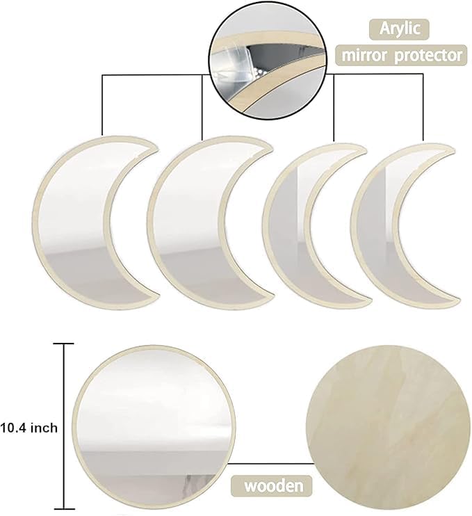 10.4" Raw Acrylic Moon Phase Wall Mirror Set - 5-Piece Boho Celestial Decor for Living Room Bedroom Entryway, Easy Stick-On Installation, Shatterproof Safety Design