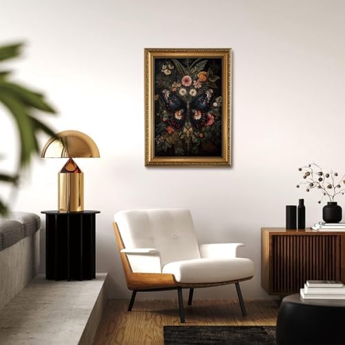 Vintage Gold Framed Butterfly Wall Art Dark Academia Canvas Art Prints | Dark Moody Floral Pictures Gothic Botanical Paintings Wall Decor Artwork for Living Room Bedroom 16x24in