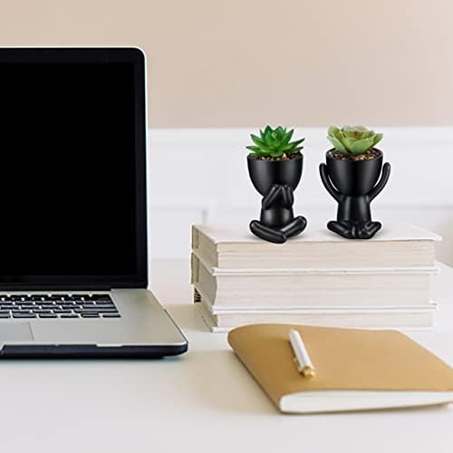 Fake Succulent, Mini Succulents Plants Artificial in Black Modern Human Shaped Ceramic Pots Desk Decor Desk Plant for Office Decor for Women, Cute Fake Plants Bathroom Decor 2PCS