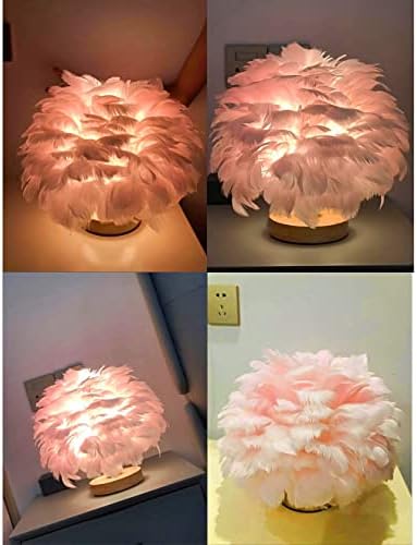 Feather Table Lamp Bedside Lamp with Wooden Base Feather Table Light Desk Lampshade for Bedroom Lamp, Decorative Lamp, Living Room