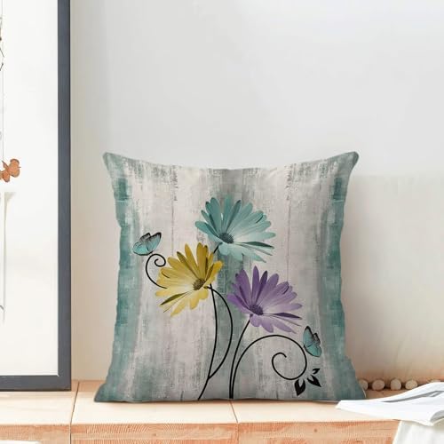 Turquoise Yellow Purple Floral Pillow Covers 18 x 18 Inch Set of 2 Daisy Floral Butterfly Decorative Throw Pillow Covers Linen Rustic Farmhouse Cushion Cases for Home Sofa Couch Living Room Decor