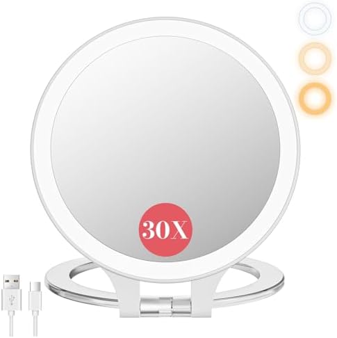 FASCINATE Rechargeable Travel Makeup Mirror 30X Magnification, 6.5" Lighted Portable Vanity Mirror with 3 Colors Lighting & Stepless Dimming, Double Sided LED Mirror, Gift for Women (White)