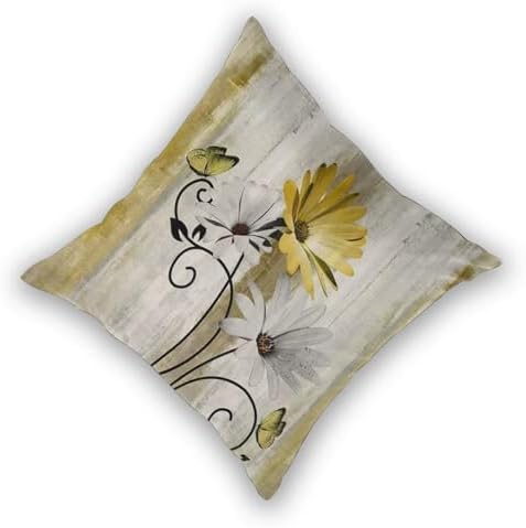 Yellow Floral Pillow Covers 18 x 18 Inch Set of 2 Daisy Floral Butterfly Decorative Throw Pillow Covers Linen Rustic Farmhouse Cushion Cases for Home Sofa Couch Living Room Decor