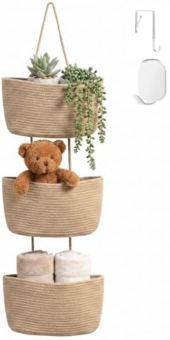Hanging Basket, Over Door Organizer, 3 -Tier Wall Basket with Hooks