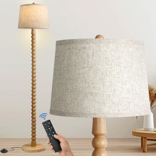 Wood Floor Lamp for Living Room,Real Wood Standing Lamp with Color Changing Bulb, Tall Lamp with Linen Shade, Floor Lamp for Bedroom,Corner,Dining Room (Natural Wood Finish with Remote LED Bulb)