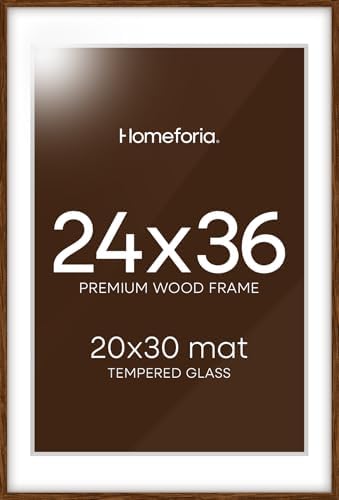 Homeforia 24x36 Brown Oak Poster Frame, High-End Wood, 20x30 Mat, Glass