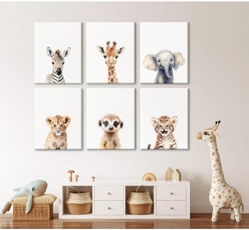 Safari Nursery Wall Art Decor Set of 6 Baby Animal Wall Art Kids Canvas Wall Art Safari Nursery Pictures Jungle Animal Prints Baby Boy Art Giraffe Painting for Room Bedroom 12x16 Inch Framed