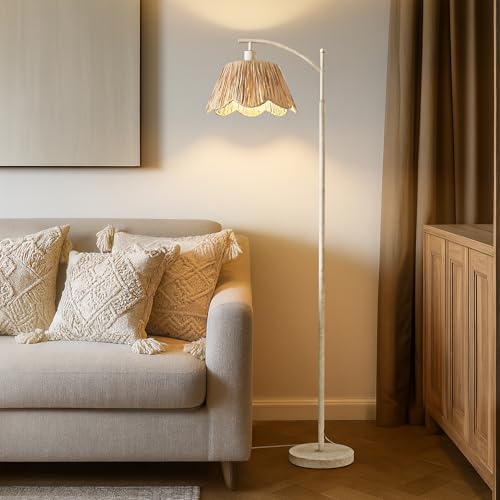 Oneach Farmhouse Floor Lamps for Living Room, Boho Floor Lamp for Bedroom with Foot Switch, Rattan Floor Lamp for Reading with Hand-Woven Shade, Antique White Metal Base & Pole