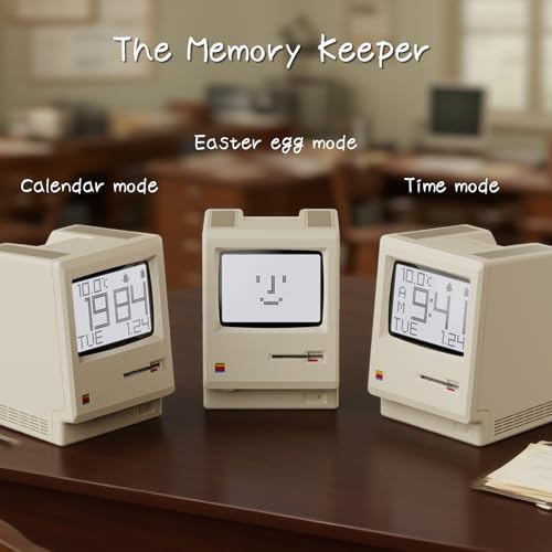 Maclock Retro Pixel Alarm Clock, 1984 Computer-Inspired USB Desk Clock with Pixel Display, Multiple Alarms, Adjustable Brightness, Calendar, Temperature