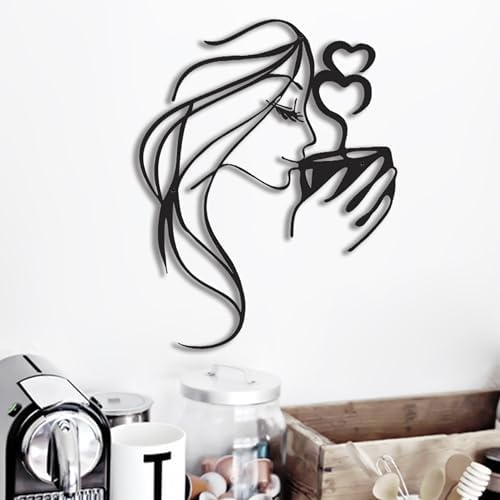 Coffee Metal Wall Art, 3D Woman Drinking Sculpture for Kitchen Decor, Black | Charming 3D black metal sculpture of a woman sipping coffee, perfect coffee-themed accent for kitchens or breakfast nooks