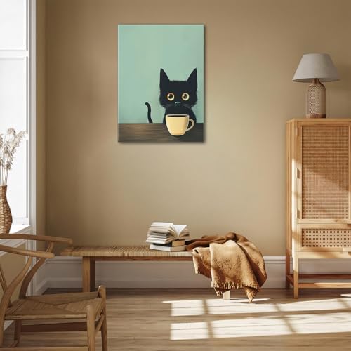 Yaneiro Framed Fun Black Cat Wall Art Abstract Drinking Coffee Picture Cute Retro Black Cat Wall Decor Canvas Poster Print Suitable for Cafe Bar Living Room Restaurant Bedroom 12x16in