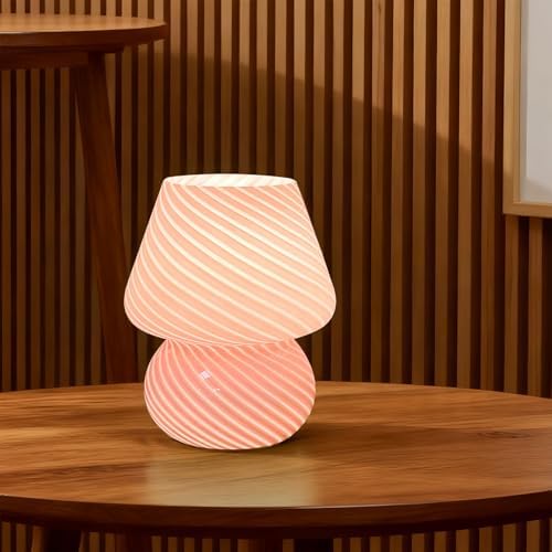 jonong Bedside Lamp Glass Striped Mushroom Table Lamp with 3 Color Modes LED Small Decorative Table Lamp for Gift Present,Suit for Bedroom, Living Room, Home Decor, Baby, Kids, Women (Pink)