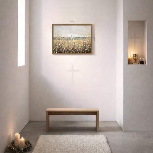 EisEver Jesus Walking with Girl Wall Art, Inspirational Christian Faith Decor, Rustic Wildflower Meadow Canvas Painting, Biblical Landscape Artwork or Church Kids Room Wood Framed 16x24 Inch