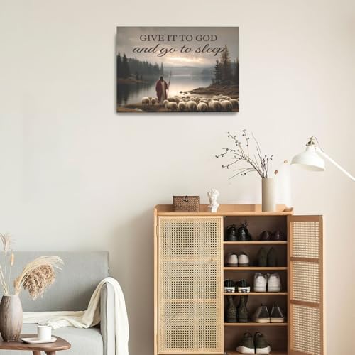Jesus with Lamb Wall Art Jesus and Lamb Wall Decor Pictures Religious Christian Canvas Prints Painting God Faith Artwork Give it to God and Go to Sleep Decoration for Bedroom Framed Gifts 16"x24"