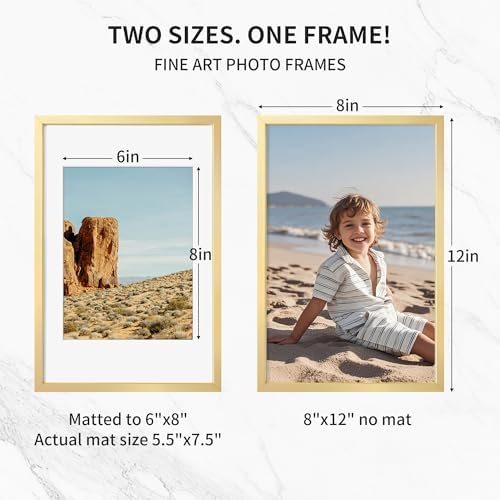 Fun Memories 8x12 Metal Picture Frame- 8x12 Aluminum Photo Frames with 6x8 Mat, High-Definition Plexiglass Front, and Hanging Hardware - Ideal for Wall or Tabletop Display (Gold, Pack of 1)