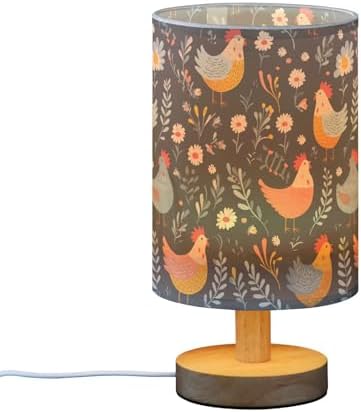 Rooster Hens Table Lamp for Bedroom Nightstand,LED Desk Reading Lamp with Linen Lamp Shade, Wooden Bedside Lamp for Living Room, Dorm, Home Office,A111529