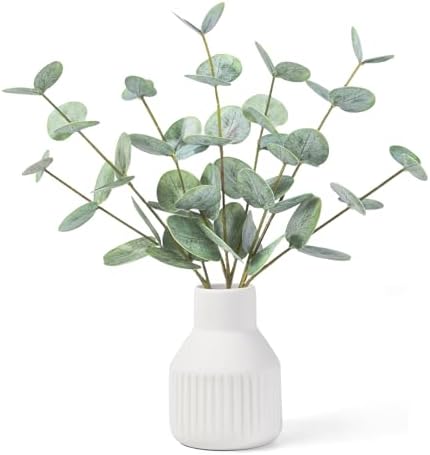 FIACO Artificial Eucalyptus Stems in Ceramic Vase, 14" Fake Plants for Home Decor, Coffee Table Centerpiece Bathroom Shelf Dining Table Farmhouse Faux Greenery Plants Indoor Decorations