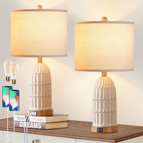 Cinkeda Farmhouse Table Lamps Set of 2,Nightstand Bedside Lamps for Bedroom