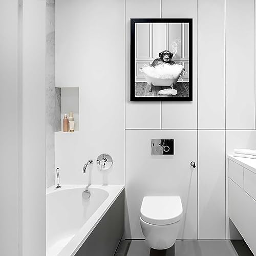 Monkey in Tub - Black and White Animals Wall Art - Framed Canvas Wall Art, Black Framed Picture for Bathroom Wall Decor, Chic Animal Art for Kid Room Wall