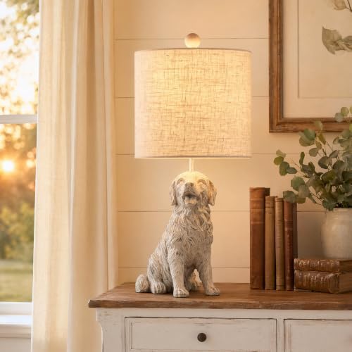 24.75" Sitting Golden Retriever Lamp, Whitewash, Textured Linen Shade