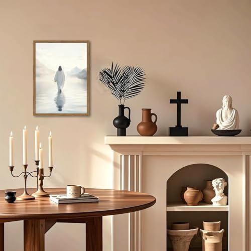 Jesus Walking on Water Wall Art White Jesus Wall Decor Christian Faith Painting 3D Textured Hand Drawn Sandstone Artwork for Living Prayer Room Bedroom 12x16 inch Wood Framed