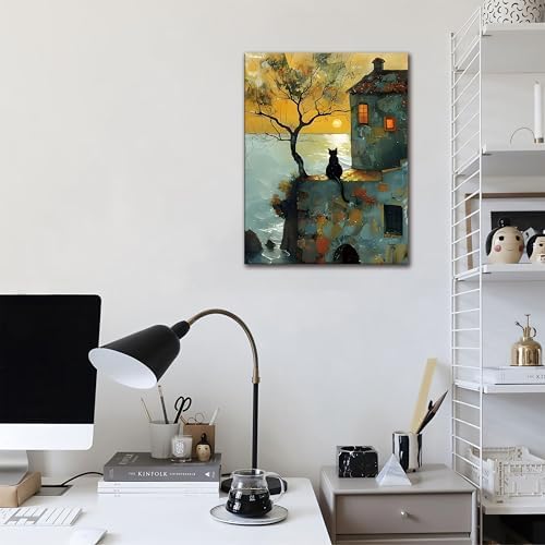 Framed Cat Watching Sunset Wall Art, Black Cat Silhouette Canvas Print Picture, Vintage Coastal Landscape Oil Painting Style, Cat Wall Decor for Living Room Bedroom 12x16 Inch