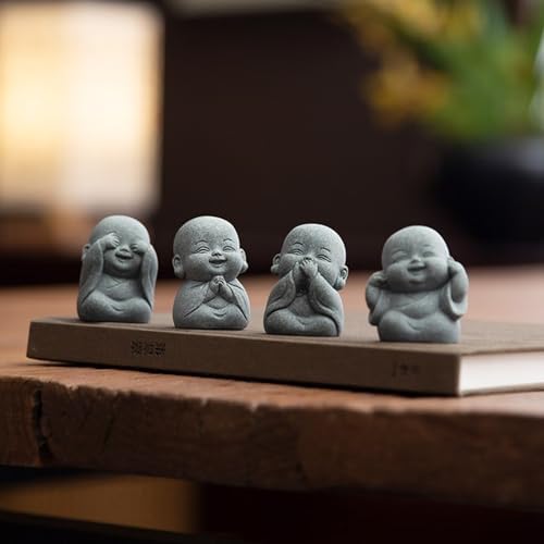 UTTCMK Laughing Buddha Statue Decor - 4Pcs Small Zen Monk Sandstone Buddha Sculpture for Wealth Good Luck Feng Shui Decor, Cute Zen Decoration for Home Office Desk Indoor and Outdoor(Gray)