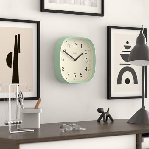 JONES CLOCKS® Sprite wall Clock | Modern Retro Rounded Square Clock | 10" | Neo Mint Green | Easy to Read Numbers | Perfect for Kitchen or Office