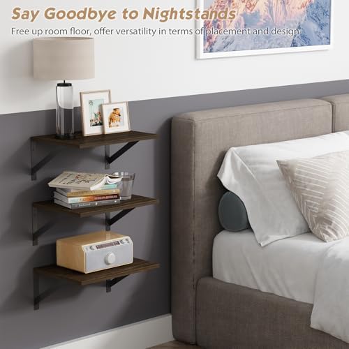 Forbena 12 Inch Deep Floating Shelves for Wall Set of 3, Wooden Wall Bookshelf for Bedroom Books, Rustic Wood Hanging Bookshelves for Bathroom Living Room Office Storage (Dark Brown)
