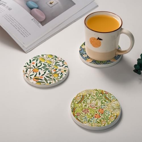 HUXJOKO Coasters for Drinks Set of 6,William Morris Floral Pattern Absorbent Ceramic Coaster,Round Stone Mat,with Cork Base and Metal Holder for Coffee Table Room Bar Home Decor Housewarming Gifts