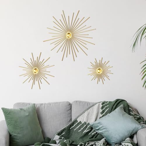 Fourluoo 3 Pcs Metal Starburst Wall Decor Gold Metal Wall Art 3D Spike Bling Finish Star Burst Hangings Accents Sculptures Set Modern Mid Century Decorations for Living Room Bedroom Entryway