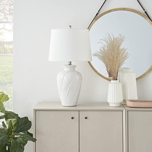 Nourison Home 26" White Glossy Feather Engraved Coastal Farmhouse Table Lamp for Bedroom, Living Room, Dining Entryway