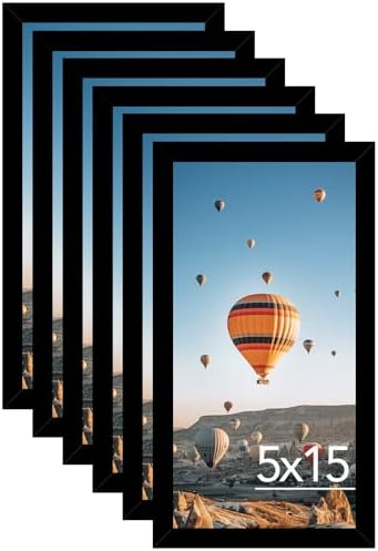 JCJMY 5x15 Black Picture Frame Set of 6, Horizontal and Vertical Formats for Wall Hanging, 5 x 15 Wall Gallery Poster Photo Frames with Shatter Resistant Plexiglass, 6 Pack, Black