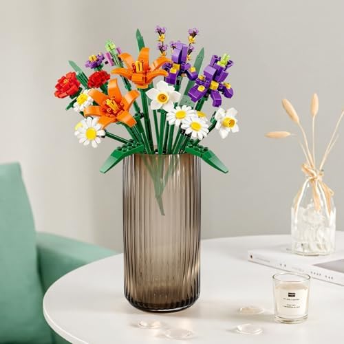 11 Inches Tall Amber Ribbed Vase for Flowers, Glass Vase for Centerpieces, Dining Table, Countertops, Entryway, Thick Decorative Vases for Home Decor, Living Room, Kitchen, Bedroom, Office