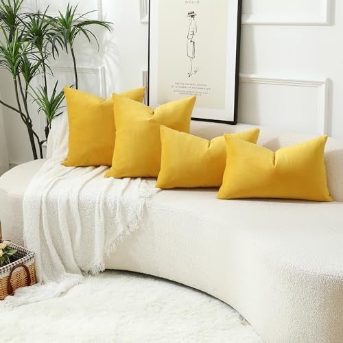 Stellhome Soft Velvet Throw Pillow Covers Square Decorative Cushion Covers for Bed Couch Sofa Bench, 26 x 26 inch (65 x 65 cm), Yellow, Pack of 2