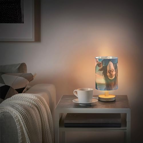 Goat in Blue Suit Table Lamp Bedside Lamps with USB Port,Wood Base Round Flaxen Fabric Shade for Bedroom