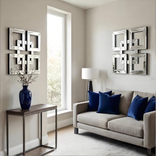 QMDECOR Silver Mirrored Wall Decor 16x16” Decorative Mirror Modern Fashion DIY Wall-Mounted Mirrors Square Design Gorgeous Glam Accent Decor Vintage Decor Chic Mirror for Room Decor Home Decor