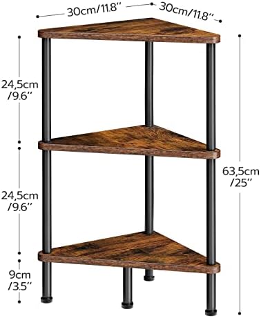 HOOBRO Corner Shelf Stand, Industrial 3-Tier Corner Bookshelf with Metal Frame, Plant Display Shelf, Small Bookcase for Small Spaces, Living Room, Rustic Brown and Black BF30CJ01
