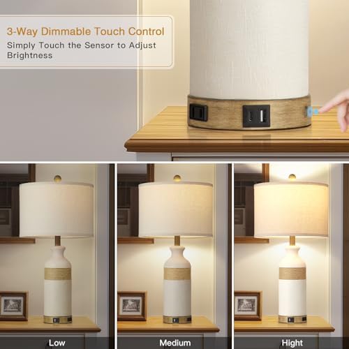 Cinkeda Boho Rattan Table Lamps for Bedroom Nightstand 26" Farmhouse Bedside lamp Set of 2 with USB C+A Ports & AC Outlet,3-Way Dimmable Touch Control Vintage Lamps for Living Room(Include Bulbs)