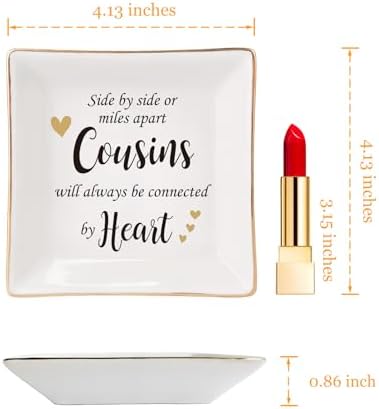 HOME SMILE Cousin Gifts Mother's Day,Ceramic Ring Jewelry Dish Tray Plate for Birthday Graduation Christmas Wedding,Sise by Side or Miles Away,Cousins will AwaysConnected by Heart