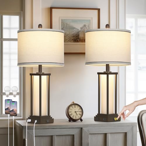 27in Tall Farmhouse Table Lamp Set of 2 with USB C+A & Outlet,Brown Industrial End Table Lamp for Living Room,Vintage Rustic Bedside Lamps with Night Light for Bedroom Nightstand,Brown