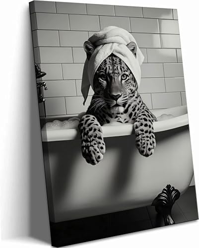 Leopard In Bathtub Canvas Wall Art Trendy Black and White Bathroom Animal Wall Decor Picture FunkyMaximalistLeopard Bathroom Aesthetic Poster Print for Restroom Toilet Decoration 12x16in