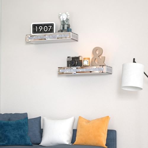 SHYFOY Mirrored Floating Shelves with Bling Accents, Set of 2